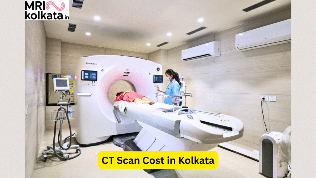 A modern CT scan machine in a diagnostic center in Kolkata with a patient undergoing the scan, highlighting affordable CT Scan Cost in Kolkata.
