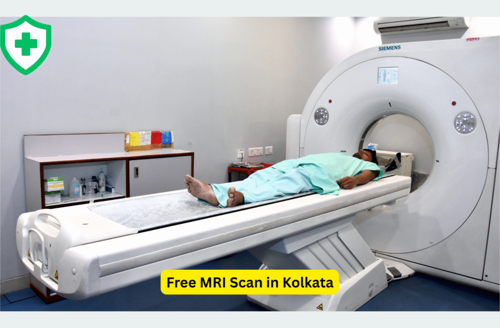 Patient undergoing free MRI scan in Kolkata hospital using Siemens MRI machine, highlighting medical services for low-income patients.